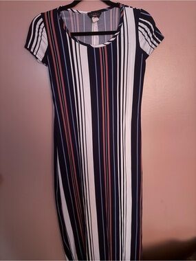 Discreet Navy, White & Rust Striped Short Sleeve Maxi Dress